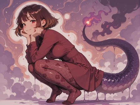 masterpiece,best quality,amazing quality, (solo:1.4), concept art, digital artwork, illustrative,
1girl, reddish-brown hair, dark Red eyes, medium breasts, patterned pantyhose, short hair, vibrant Purple scales, unusual tail, smoke tail, , very thick tail, , playful expression,
squatting, low view, (solo:1.2), character focus, full body,
cut-out dress,
abstract, surreal,
<lora:anime_screencap-IllustriousV2:0.8> <lora:Wonderkind_V2:0.4> wk-illu <lora:unfazed mixed gothic IL v2.0:0.6> <lora:rimixO:0.4>