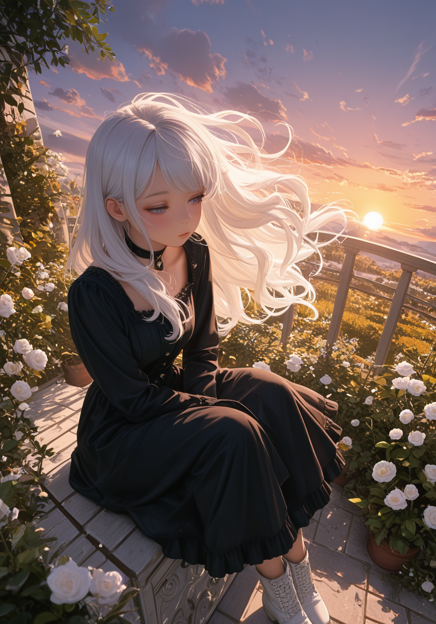 masterpiece, ultra-HD, cinematic lighting, photorealistic, impressionism, high detail, dramatic lighting, best quality, very aesthetic, 8k, fisheye,
simple pastel gradient verde background, thick clouds, half up, from above,
multicolored white hair, windy hair, swept bangs,
blush, pretty, korean, choker, emotionless,
dynamic angle, dynamic pose, portrait, girl,
victorian black dress, no_socks, garden, decorative, white boots,
half-closed_eyes, looking away, sitting,
sunset, pastel cyan eyes, flat outline, flat vector illustration, chromatic aberration