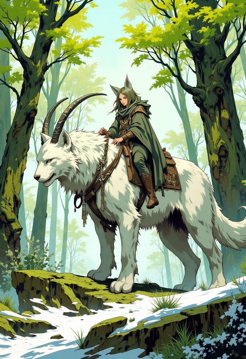 intricate linework with expressive contrasts, soft lighting with dynamic highlights, green forest with budding goat-willow in early spring, small pockets of snow still under some trees, a human riding on the back of a large white feline. In the style of ff-td
