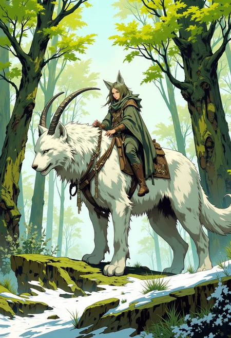 intricate linework with expressive contrasts, soft lighting with dynamic highlights, green forest with budding goat-willow in early spring, small pockets of snow still under some trees, a human riding on the back of a large white feline. In the style of ff-td