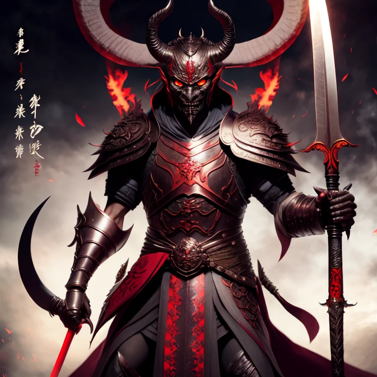 photo, an illustration of a demon in armor holding a sword (FantasyDaimyo style:1) <lora:djzFantasyDaimyoV21:0.8>