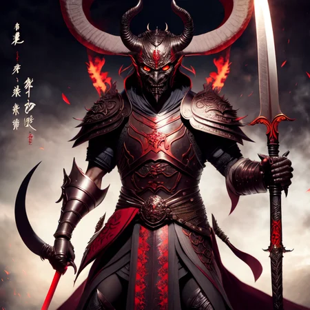 photo, an illustration of a demon in armor holding a sword (FantasyDaimyo style:1) <lora:djzFantasyDaimyoV21:0.8>