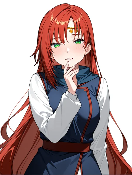masterpiece,best quality,newest,absurdres,highres,very awa,
1girl,solo,
<lora:elenoa_ilxl_v3.9:1>,elenoa,red hair,very long hair,green eyes,
e_circlet,
e_02clothes,long_sleeves,white sleeves,blue clothes,white pants,
<lora:Fixhands_anime_bdsqlsz_V1:1>,white_background,simple_background,looking_at_viewer,parted lips,portrait,smile,light_blush,straight-on,hand to own mouth,cowboy_shot,