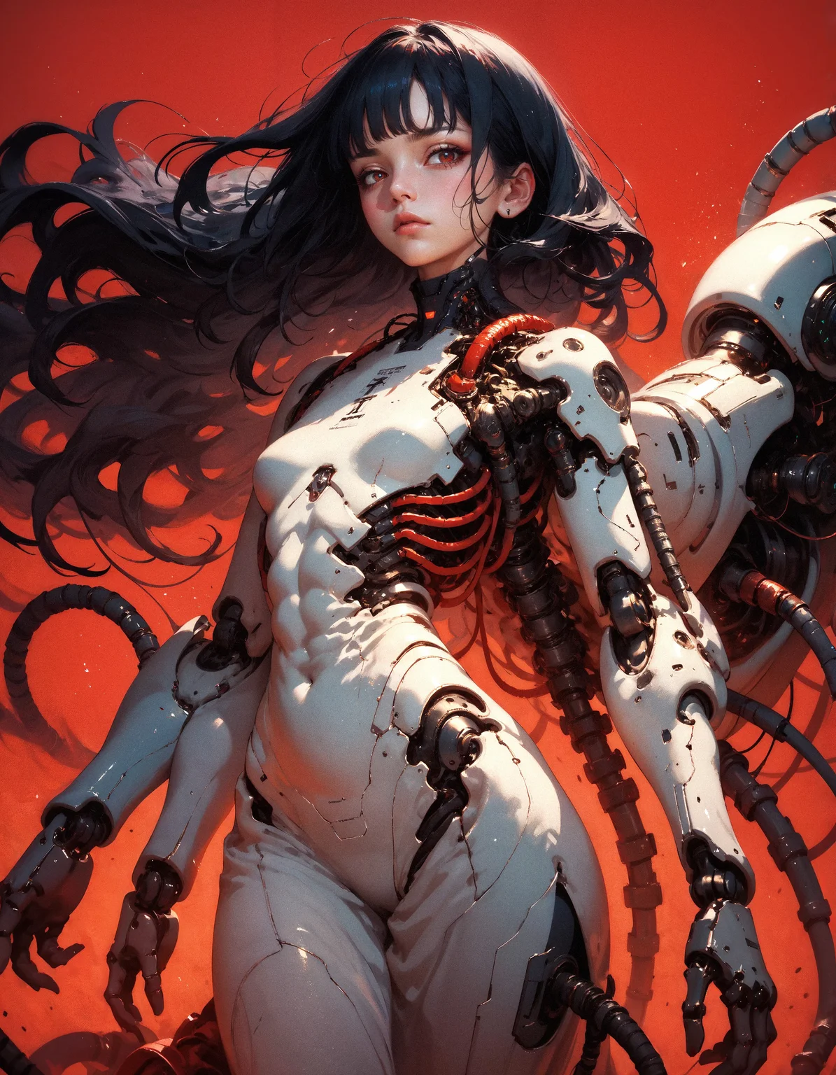 score_9, score_8_up, score_7_up, score_6_up, score_5_up, score_4_up,  embedding:zPDXL, 1girl, solo, breasts, very long hair, bangs, simple background, black hair, red eyes, closed mouth, weapon, small breasts, blunt bangs, medium hair, looking at viewer, wide hips, thighs, floating hair, expressionless, red background, science fiction, android, cable, mechanical arms, cyborg, robot joints, mechanical parts, tube, spine