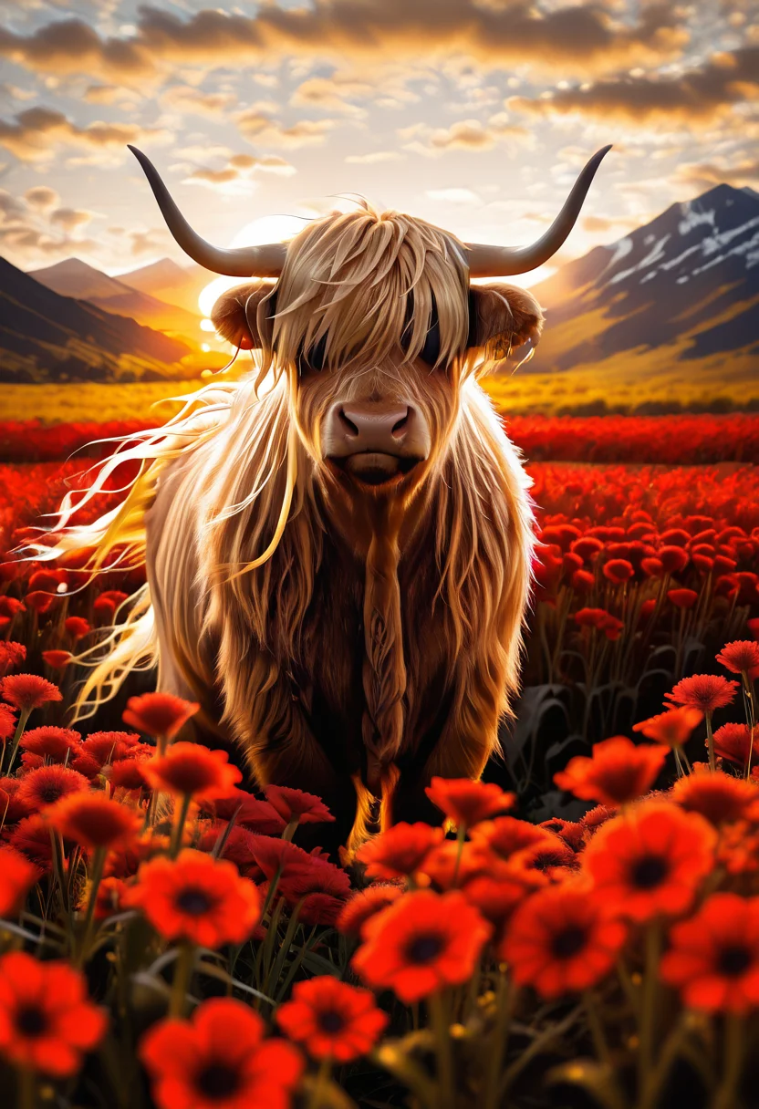 masterpiece, best quality, (long blonde hair flowing in the wind:1.2), no humans, zzCow, solo, flower, outdoors, sky, cloud, blurry, cloudy sky, red flower, scenery, sunset, ,, mountain, sun, field, flower field, year of the ox, sunrise, hair over eyes, ,<lora:HighlandCow_IXL:1.0>,