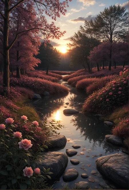 masterpiece, best quality, amazing quality, very aesthetic, perfect eyes,hiper realistic,
,flower, outdoors, sky, day, cloud, water, tree, no_humans, rose, sunlight, grass, plant, scenery, nature, pink_flower, reflection, forest, sunset, rock, sun, bush, pink_rose, river, landscape, pond, stream,Photograph of a serene landscape with a river running through it, surrounded by lush greenery and vibrant pink roses. The sky is a beautiful mix of oranges, pinks, and purples, with the sun setting in the distance. The river is calm and reflects the warm, golden light. The trees on either side of the river are tall and thin, with a few leaves scattered along its banks. The overall atmosphere is peaceful and tranquil. The image is high quality and has a soft, dreamy quality.