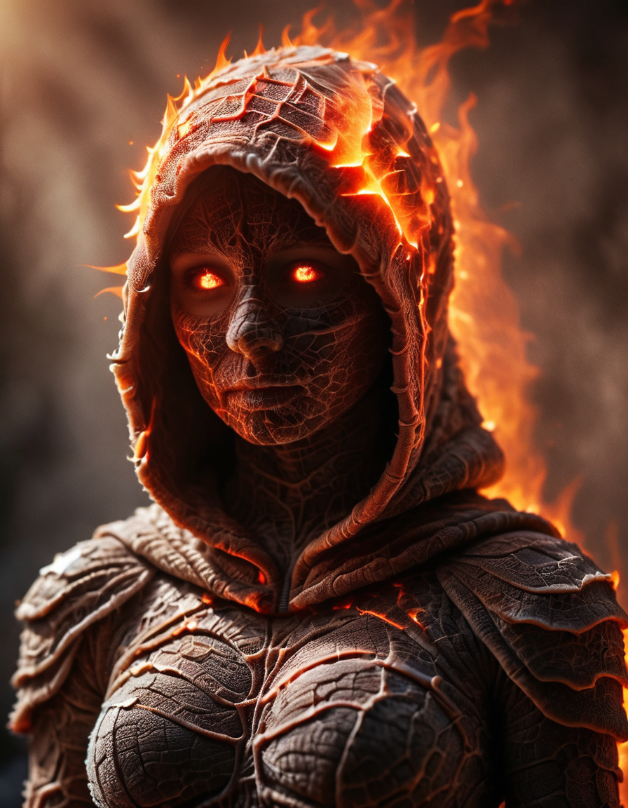 A dark ghostly female silhouette. Divinity of Fire. Cracked skin. light armor. Dark armor. Cracked armor. Canvas hood. Basalt. Lava flow. Seductive and dangerous. Burn inside. Glowing eyes. Bokeh blur, photorealistic <lora:ral-clsdszkn:1>