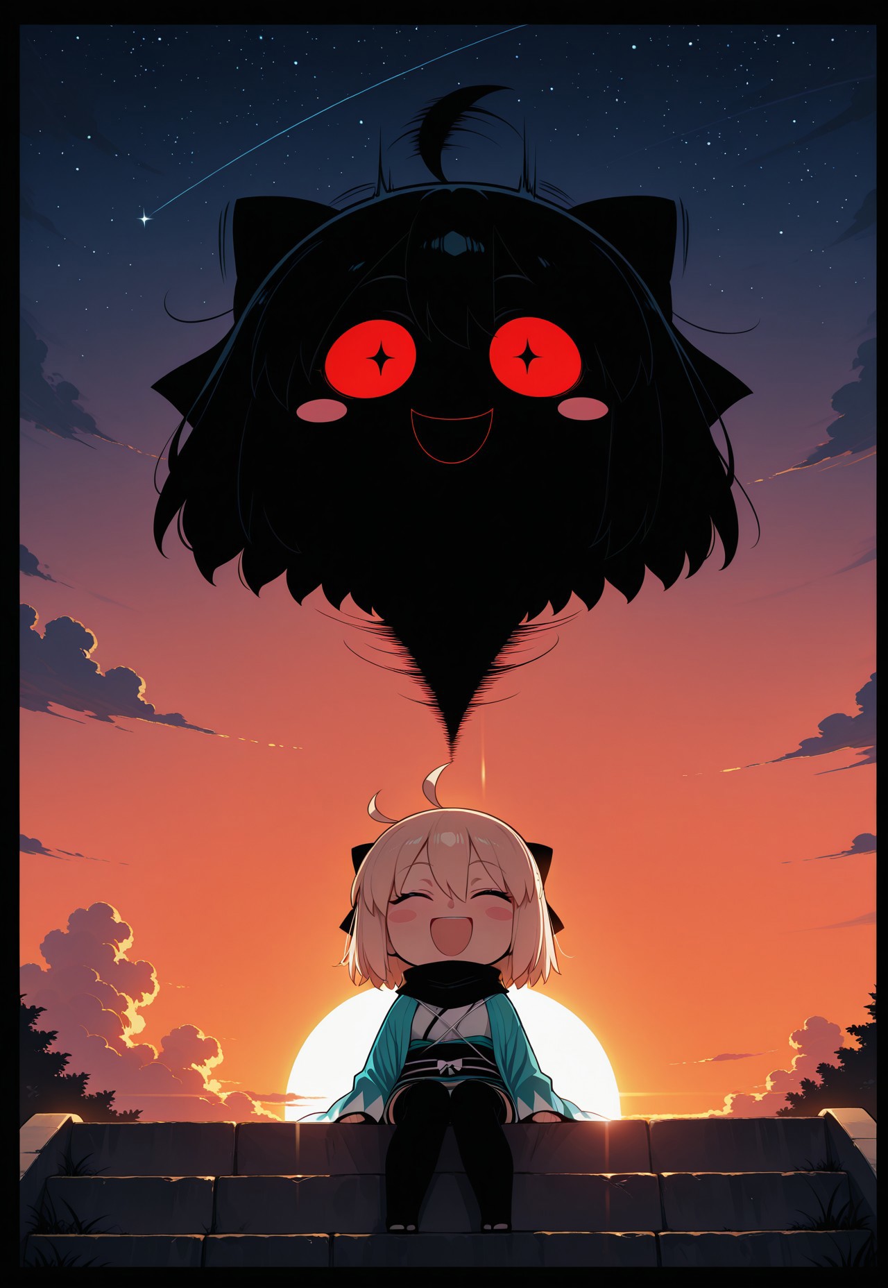 (masterpiece), (best quality), amazing quality, (very aesthetic), light particles, scenery, ultra detailed, score_9,score_8_up,score_7_up, BREAK, 1girl, solo, okita souji \(koha-ace\), fate \(series\), closed eyes, ahoge, ahoge wag, chibi, scarf, japanese clothes, expressive hair, thighhighs, open mouth, sitting, smile, bow, black thighhighs, blush, hair bow, blush stickers, short hair, black scarf, kimono, gradient sky, dappled sunsetlight, night sky, orange sky, sunset, cloud, star \(sky\), starry sky, (backlighting), dynamic lighting, dynamic angle, sharp focus, distortion-free, illustration, ,masterpiece,best quality,amazing quality, absurdres, perfect_anatomy, intricate eyes, anatomically_correct_body, (detailed eyes:1.2), (expressive eyes), EyesHD, beautiful eyes, perfect eyes, detailed skin, (heavy lines, black outline), high score, great score, year2024, year2023, ultra high resolution, 8K, UHD, HD, HDR, high contrast, (by nyantcha:0.5), (by takeuchi takashi:0.7), (by edjim:0.5), (by ratatatat74:0.5), (by niceufotable:0.7)