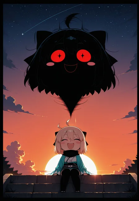 (masterpiece), (best quality), amazing quality, (very aesthetic), light particles, scenery, ultra detailed, score_9,score_8_up,score_7_up, BREAK, 1girl, solo, okita souji \(koha-ace\), fate \(series\), closed eyes, ahoge, ahoge wag, chibi, scarf, japanese clothes, expressive hair, thighhighs, open mouth, sitting, smile, bow, black thighhighs, blush, hair bow, blush stickers, short hair, black scarf, kimono, gradient sky, dappled sunsetlight, night sky, orange sky, sunset, cloud, star \(sky\), starry sky, (backlighting), dynamic lighting, dynamic angle, sharp focus, distortion-free, illustration, ,masterpiece,best quality,amazing quality, absurdres, perfect_anatomy, intricate eyes, anatomically_correct_body, (detailed eyes:1.2), (expressive eyes), EyesHD, beautiful eyes, perfect eyes, detailed skin, (heavy lines, black outline), high score, great score, year2024, year2023, ultra high resolution, 8K, UHD, HD, HDR, high contrast, (by nyantcha:0.5), (by takeuchi takashi:0.7), (by edjim:0.5), (by ratatatat74:0.5), (by niceufotable:0.7)
