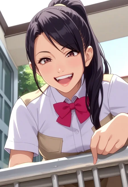 score_9, score_8_up, score_7_up, anime screencap,  anime screencap, dominant female, (aged up:1.8), on balcony, BREAK 
portrait, upper body, dutch angle, (from below:1.4), boukensaku, 1girl, solo, medium breasts, (school uniform, white shirt, bow tie:1.2), black hair, sidelocks, long hair, voluminous back hair, sweeping hair to the front, (high ponytail:1.4), looking at viewer, (crazy smile:1.2), (furrowed brow:1.6), open mouth, screaming, (rest elbow on railing), leaning forward,