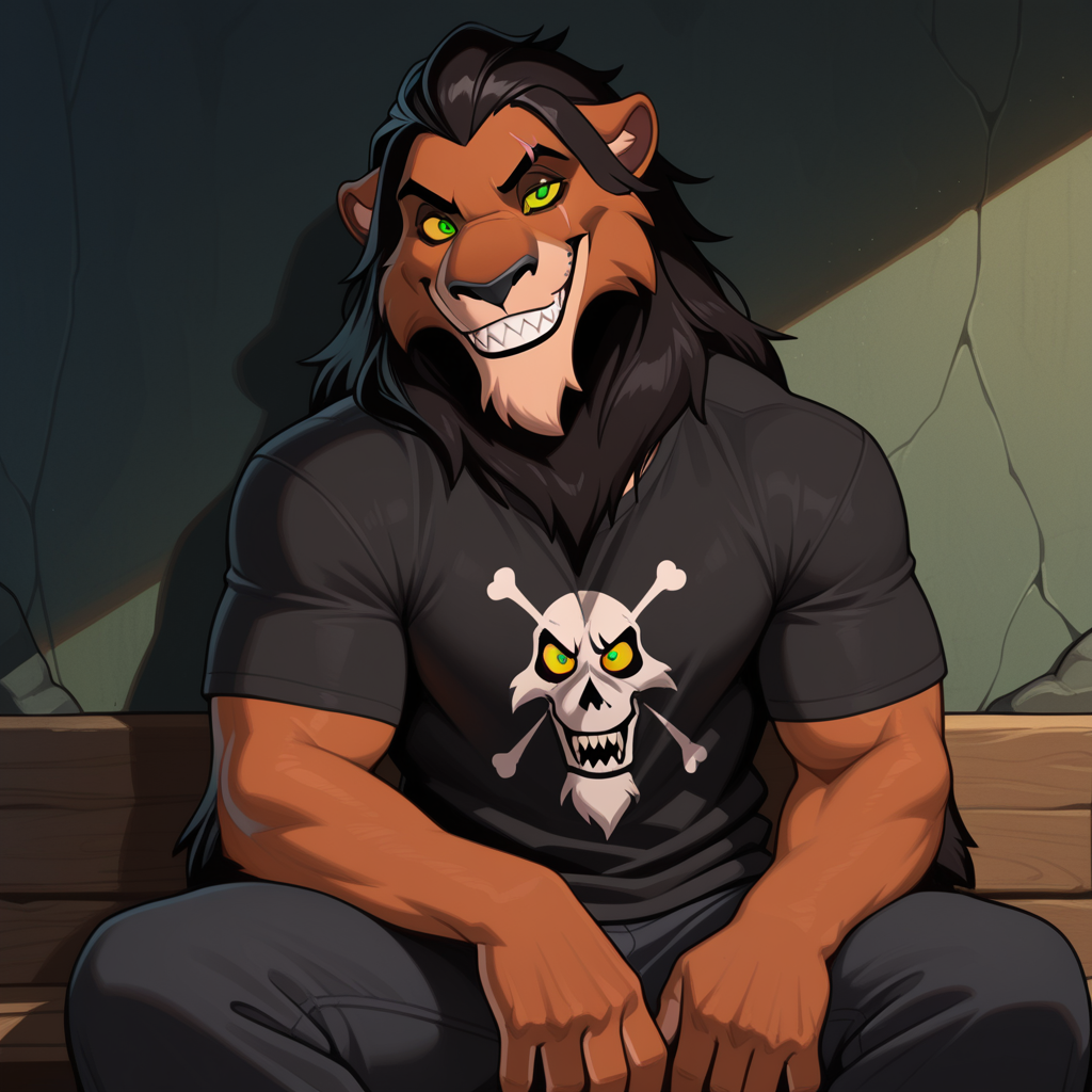 masterpiece, best quality, amazing quality, solo, 1boy, ScarLK, scar across eye, Yellow sclera, green eyes, bara, shirt, sitting, smiling, sharp teeth,