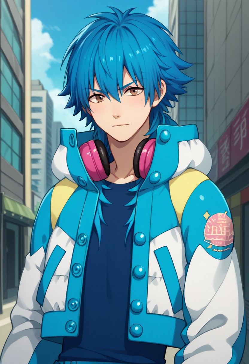 score_9, score_8_up, score_7_up, source_anime, highly detailed, 
aoba, 1boy, male focus, solo, brown eyes, blue hair, long hair, jacket, open jacket, open clothes, blue jacket, white jacket, multicolored jacket, shirt, blue shirt, upper body, headphones, headphones around neck,
outdoor, sky, buildings,