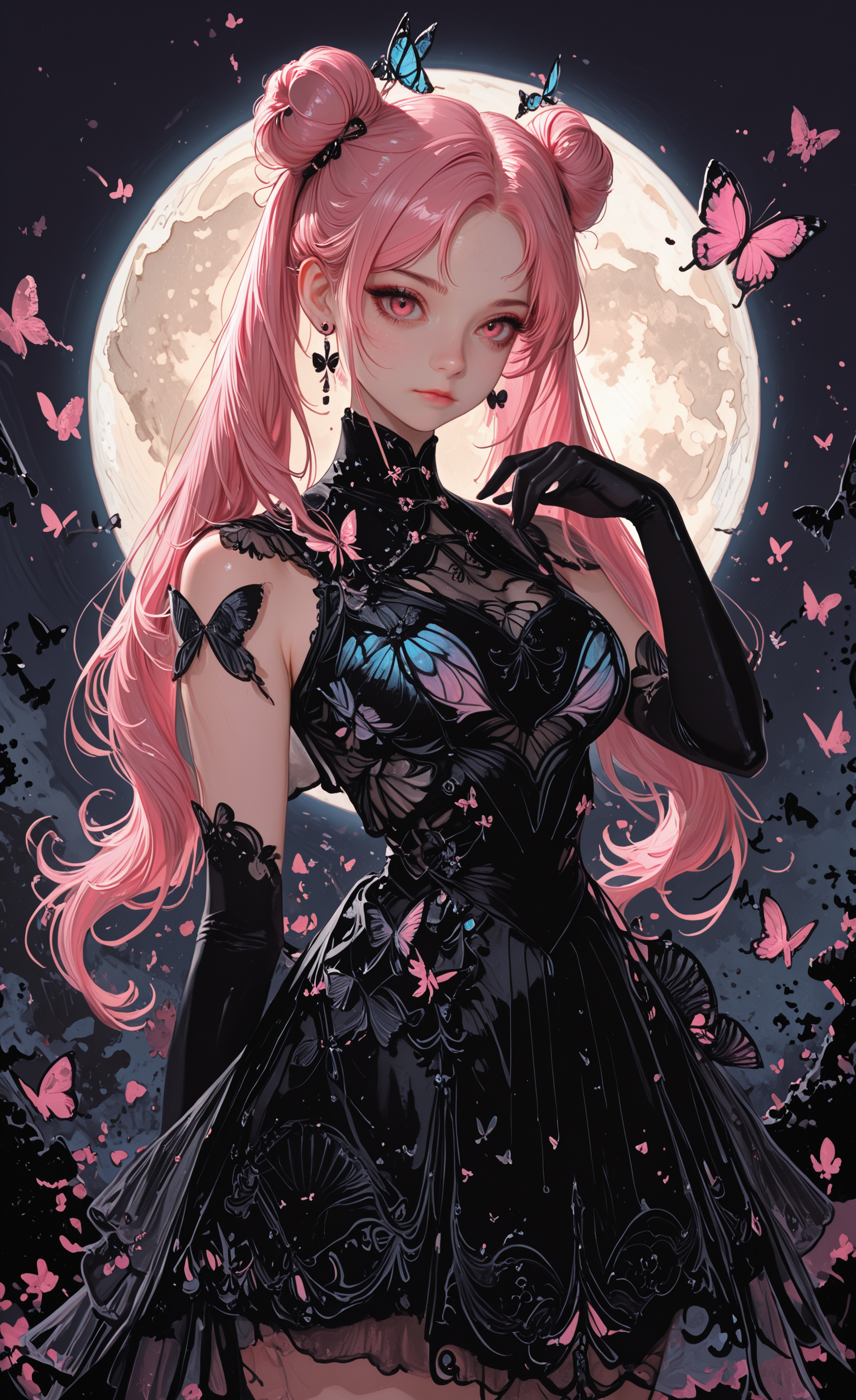 1girl, solo, long hair, breasts, looking at viewer, gloves, dress, closed mouth, jewelry, twintails, standing, pink hair, cowboy shot, earrings, black gloves, hand up, elbow gloves, hair bun, black dress, parted bangs, sleeveless dress, double bun, moon, bug, butterfly, full moon