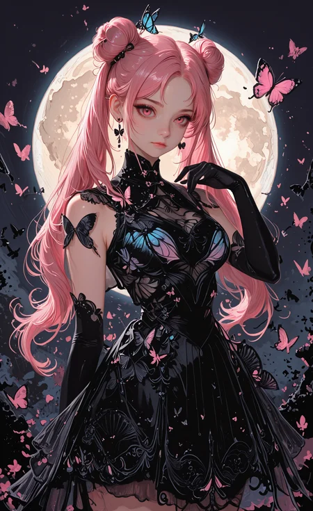 1girl, solo, long hair, breasts, looking at viewer, gloves, dress, closed mouth, jewelry, twintails, standing, pink hair, cowboy shot, earrings, black gloves, hand up, elbow gloves, hair bun, black dress, parted bangs, sleeveless dress, double bun, moon, bug, butterfly, full moon