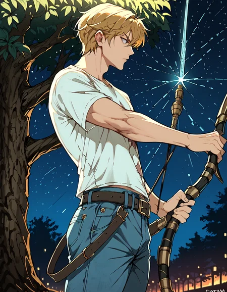 score_9, score_8_up, score_7_up, score_6_up, source_anime, masterpiece, detailed, refined, 1boy, solo, teenager, fantasy, detailed background, (huge tree on the center of background), night sky, stars, white t-shirt, jeans, belt, holding weapon, holding, weapon, BowAiming, bow \(weapon\), aiming, blonde hair, from side, looking to the right