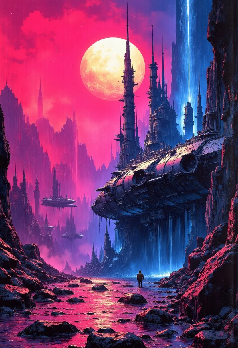 abstract painting, gradient vibrant neon colours, mythp0rt, best quality, masterpiece, large capital spaceship, a supermassive dull sun in the background, cinematic, Perfect Composition