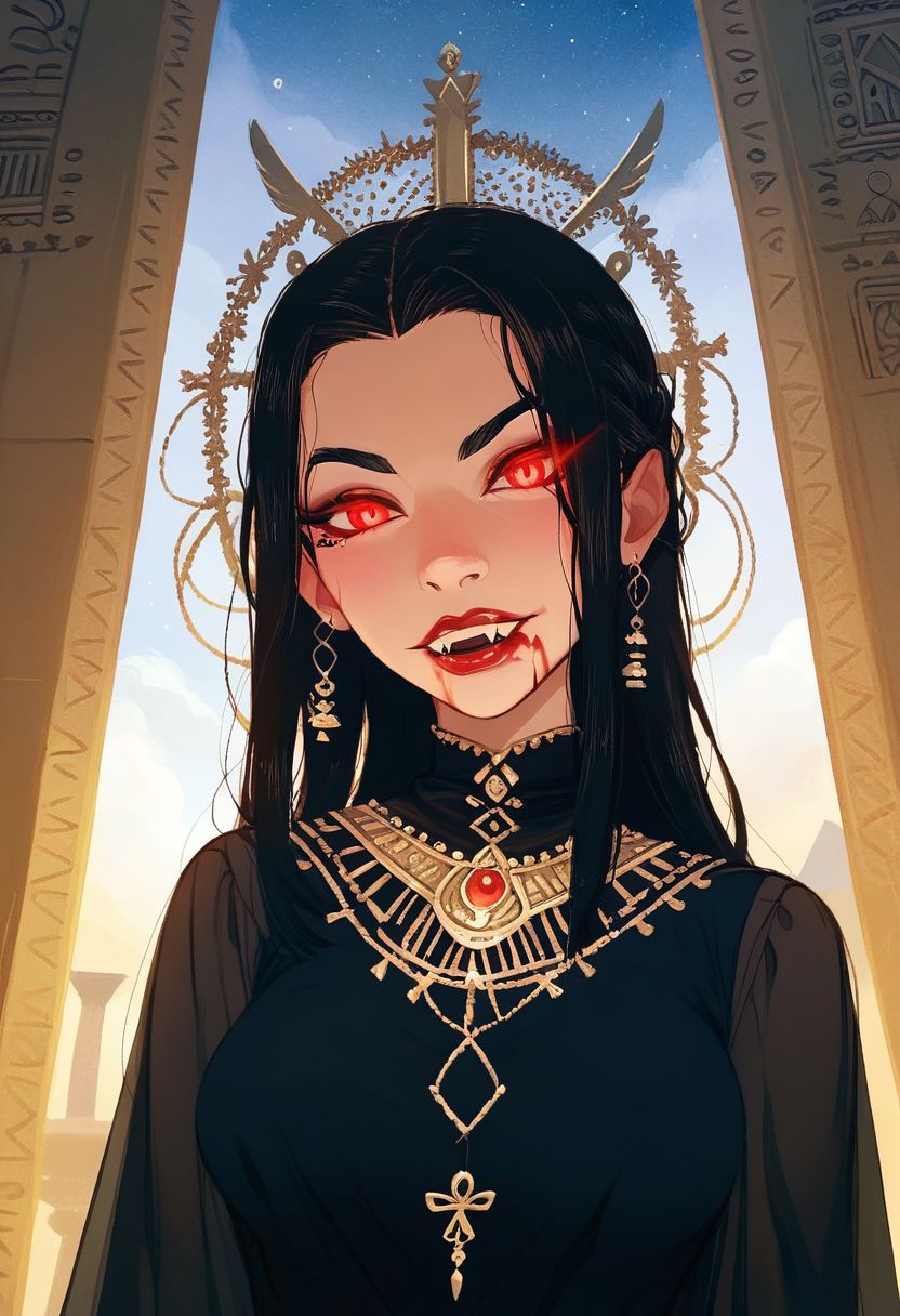 Score_9, Score_8_Upper, Score_8_Upper, Score_8_Upper, Score_8, solo, 1girl, anime, perfect face, bloody mouth, vampire sorceress, pale skin, black hair, black brows, scarlet eyes, glowing eyes, decorated robes, golden jewelry, black gothic full robes, stitch marks, stitched skin, ghastly pale skin, 
night sky, egyptian temple background, fangs,