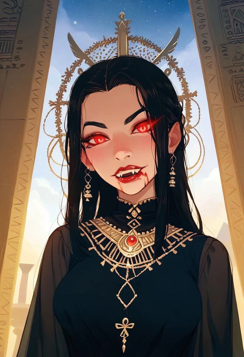 Score_9, Score_8_Upper, Score_8_Upper, Score_8_Upper, Score_8, solo, 1girl, anime, perfect face, bloody mouth, vampire sorceress, pale skin, black hair, black brows, scarlet eyes, glowing eyes, decorated robes, golden jewelry, black gothic full robes, stitch marks, stitched skin, ghastly pale skin,
night sky, egyptian temple background, fangs,