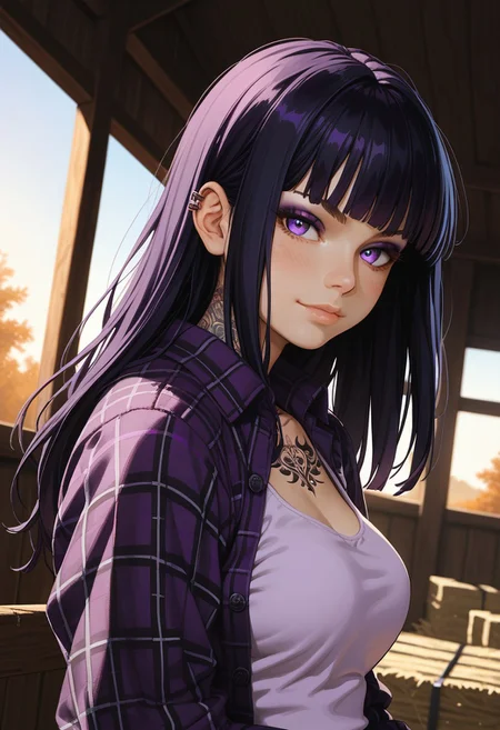 (score_9, score_8_up, score_7_up), 
(dutch angle, upper body:1.4),
1girl, solo, black hair, detailed eyes, purple eyes, long hair,  straight bangs, medium breasts, (goth, wide hips:1.1),  eyeshadow, jeans,  hime cut, (rolled up sleeves:1.2), sunset,
(tattoo, tattooed arm, flannel shirt, unbuttoned, purple shirt, white tanktop:1.2), nature, indoors, farm, blush, wind, windy hair, (from side, cowboy shot,face focus:1.3), smug, looking at viewer, knees up, sitting