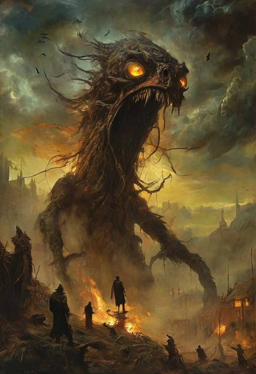 dream liminal space, strange land, abstract, folk horror, movie and character design, moody, (giant strange warped creature:1.2),giant,skinny,bird-like,ready for attack,screaming in rage, torches, flock of crows, gothic post-apocalyptic impressionism,mysterious,paranormal, Ivan Albright,Dragan bibin,nicola samori,Odd Nerdrum, Agostino Arrivabene,Daniele Valeriani,looking up from below, (gopro shot:1.5),fisheye,dramatic angle,eerie,eldritch, unsettling, creepy, suspenseful, grim, highly detailed,dread atmosphere,terror,primal fear,worst nightmare,abomination