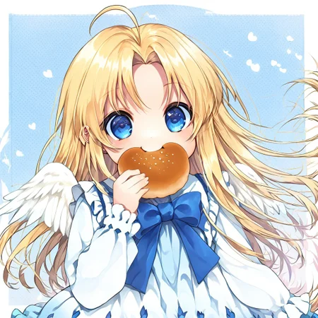 score_9, score_8_up, score_8, score_7_up,
1girl, solo, AEFilo, blue eyes, blonde hair, ahoge, long hair, white wings, blue bowtie, white dress, frilled dress, frilled sleeves, long sleeves, barefoot, polka dots background, smile, eating, bread, loaf, eating, close shot, cute girl, looking at viewer,
cute, kawaii, hearts,