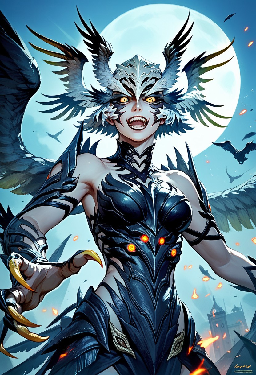 score_9,score_8_up,score_7_up,source_anime,Garuda,solo,open mouth,yellow eyes,wings,teeth,artist name,glowing,head wings,claws,