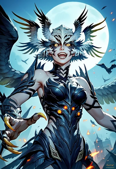 score_9,score_8_up,score_7_up,source_anime,Garuda,solo,open mouth,yellow eyes,wings,teeth,artist name,glowing,head wings,claws,