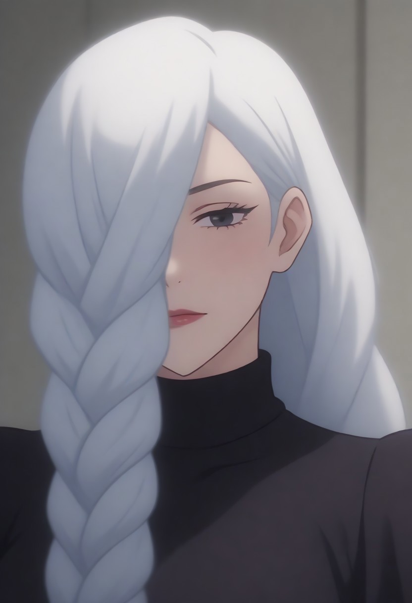 source_anime, anime screencap, source_anime, auratheguillotine, anime screencap, masterpiece, source_anime, shiny skin,,,meimeijjk, source_anime<lora:mei_mei_jjk_v1_pdxl_goofy:1>1girl,, solo,,, long hair, hair over one eye,, braided ponytail, black dress, single braid, huge breasts, white hair,