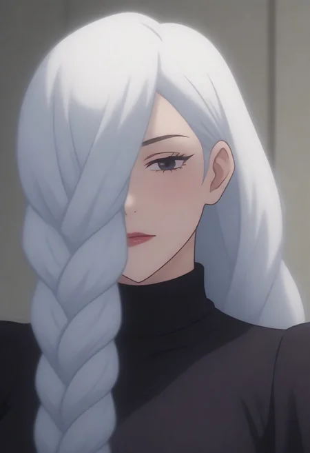 source_anime, anime screencap, source_anime, auratheguillotine, anime screencap, masterpiece, source_anime, shiny skin,,,meimeijjk, source_anime<lora:mei_mei_jjk_v1_pdxl_goofy:1>1girl,, solo,,, long hair, hair over one eye,, braided ponytail, black dress, single braid, huge breasts, white hair,