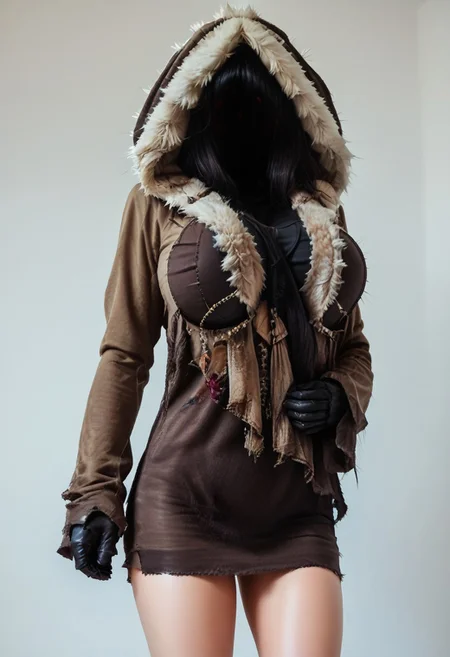score_9, score_8_up, score_7_up, rating_safe, concept art, semi-realistic, 1girl, solo.
Sexy body, (Big breast), (Round breast).
Dark hood, faceless, Fur hood