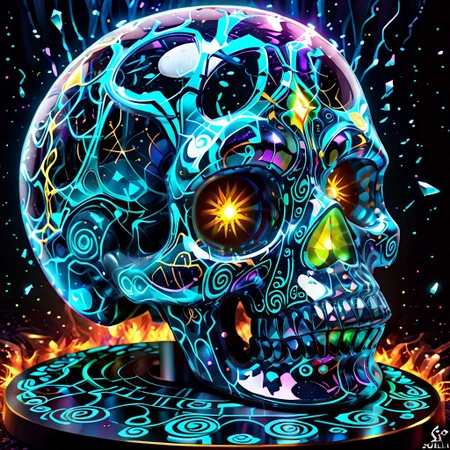 detailed, realistic, 8k uhd, high quality, masterpiece, crystal scull, glowing, shining, magic runes, particle effects, on a pedestal