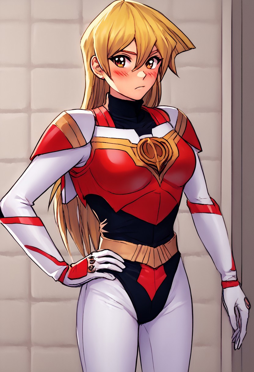 score_9, score_8_up, score_7_up, source_anime, zPDXL, zPDXLpg, <lora:offset_0.2:0.1>, <lora:spo_sdxl_10ep_4k-data_lora_webui:1>,
1girl, solo,
asuka tenjouin, blonde hair, brown eyes, hair between eyes, long hair, straight hair, very long hair,
sazermithras, white bodysuit, black leotard, armor, belt, white gloves, gauntlets, <lora:Sazer_Mithras:1.0>,
hand on own hip, standing, cowboy shot, blush,
indoors, bathroom