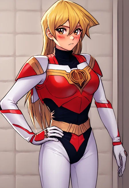 score_9, score_8_up, score_7_up, source_anime, zPDXL, zPDXLpg, <lora:offset_0.2:0.1>, <lora:spo_sdxl_10ep_4k-data_lora_webui:1>,
1girl, solo,
asuka tenjouin, blonde hair, brown eyes, hair between eyes, long hair, straight hair, very long hair,
sazermithras, white bodysuit, black leotard, armor, belt, white gloves, gauntlets, <lora:Sazer_Mithras:1.0>,
hand on own hip, standing, cowboy shot, blush,
indoors, bathroom