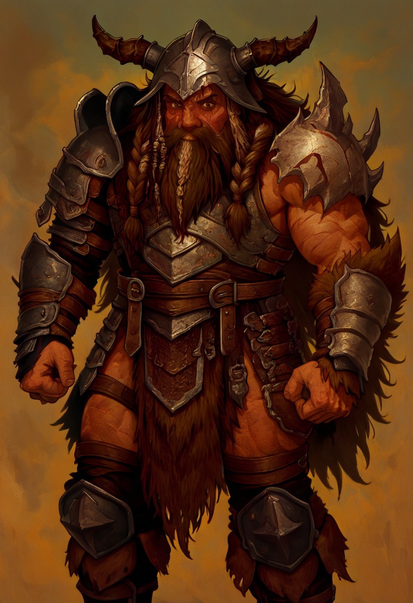 masterpiece, best quality, newest, absurdres, highres, 
D3-ART-V1.0, 
1boy, dwarf, beard, armor, brown hair, brown eyes, beard, long beard, braid, braided beard, armor, scar, scar on face, helmet, fake horns, horned helmet,