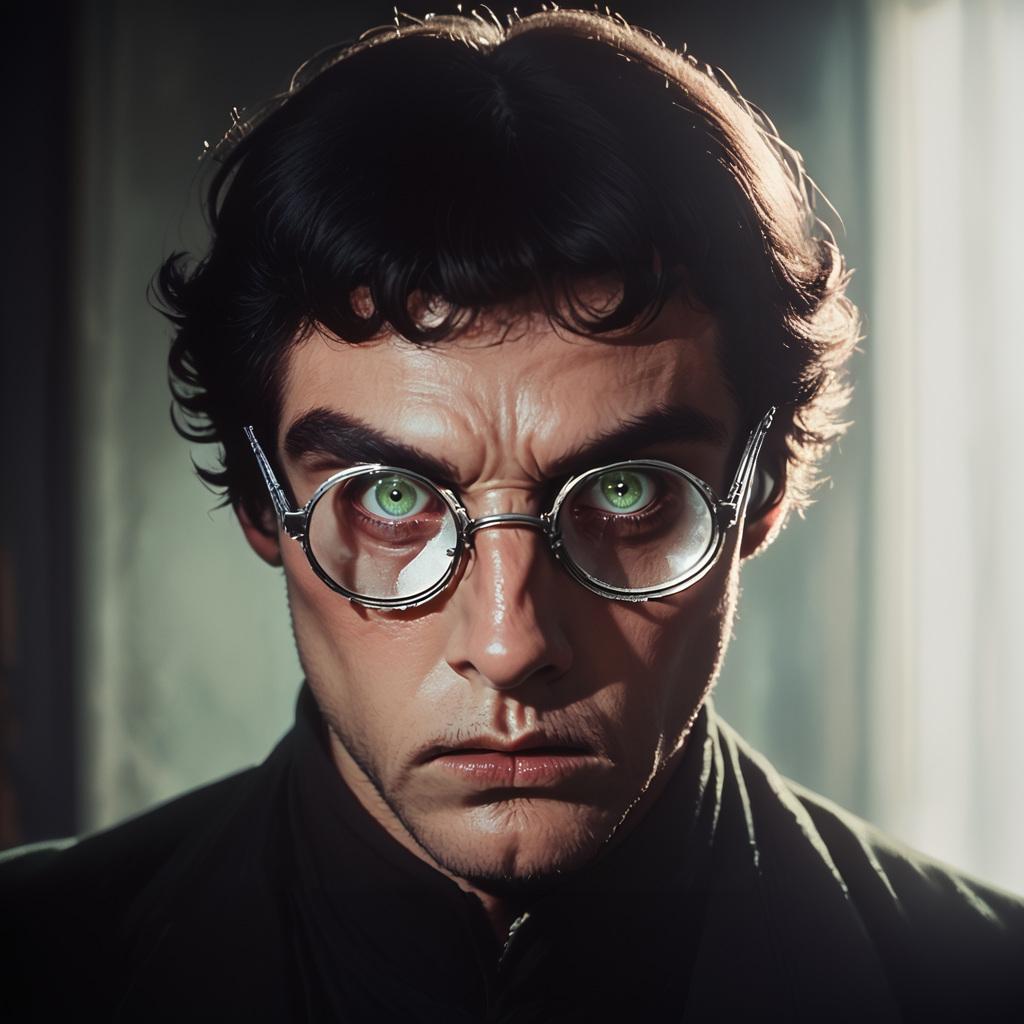 Score_9, score_8_up, score_7_up, score_6_up, BREAK <lora:70sHorrorMovie2Pony:1> ArsMovieStill, movie still from a 1970s horror movie, The image is a close-up portrait of a man's face. He is wearing round silver-framed glasses with green lenses. His eyes are wide open and his eyebrows are furrowed. He has a serious expression on his face and his mouth is slightly open as if he is looking directly at the camera. The background is dark and out of focus making the man's eyes the focal point of the image. The lighting is dim creating a dramatic and eerie atmosphere., solo, 1boy, male focus, glasses, portrait, close-up, looking at viewer, realistic, black hair, eye focus