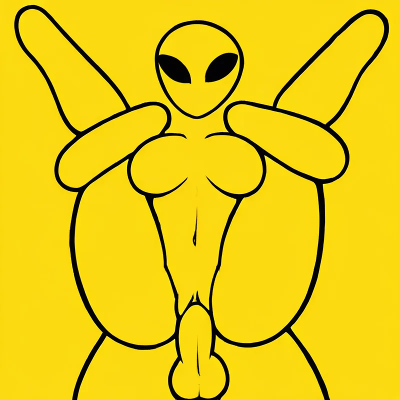 <lora:wrnsignPDXL_11b:1> yellow background, black lineart, (yellow body:1.1), flat colors, front view, duo, human on humanoid, full nelson, humanoid, alien, female, black eyes, mouthless, looking at viewer, breasts, vaginal penetration, erection, penis, male, standing