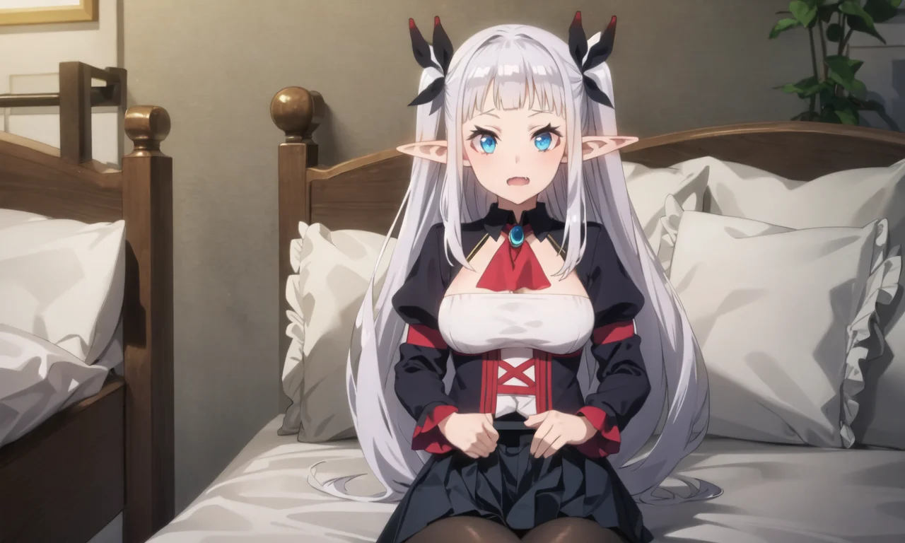 masterpiece, best quality, 1 girl, medium breasts, bed, <lora:rurushiIsekaiNonbiri_v10:0.8>, ruu rurushi, pointy ears, blue eyes, long hair, fang, two side up, pleated skirt, (black skirt:1.6), red ascot, long sleeves, red pantyhose, ascot, black hairband, elf, puffy sleeves, blunt bangs, white hair, ribbon
