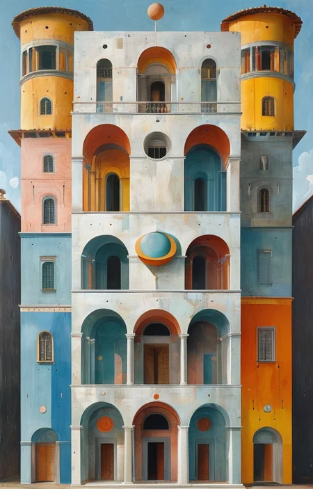 masterpiece,best quality,<lora:tbh302-sdxl:0.9>,illustration,designed by Filippo Brunelleschi Postmodern corporate headquarters with playful, colorful elements reminiscent of Michael Graves