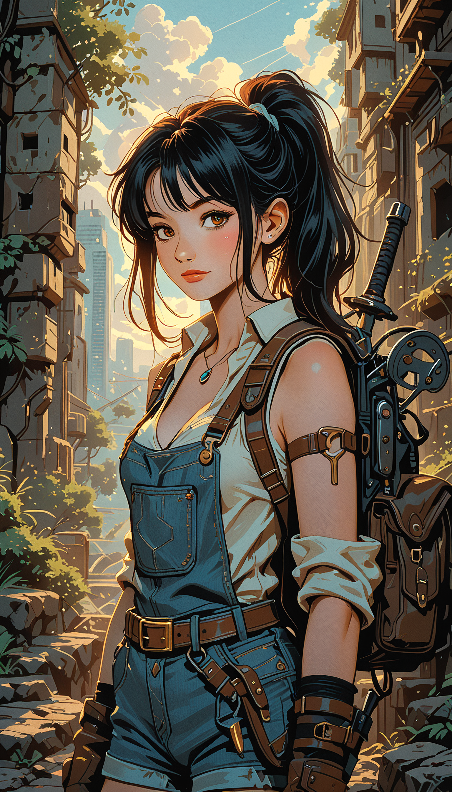 masterpiece, Shinkaistyle,
pinkretroanime, retro art,
Cyberpunk Style, cyberpunk, science fiction, hi tech, future tech, neon, (Cybernetics:1.25), (Neon Cityscape:1.4), (lineless:1.5), smooth edges, (lighten the face:1.5), tall body, slender body, fit body, long legs, In the image, there's a young female adventurer standing amidst a dense jungle. She's donned in a sturdy leather outfit and a light blue tank top, a practical choice for her journey. A pair of high boots securely fasten around her calves, ready to traverse the rugged terrain beneath her feet. She's equipped with a trusty crossbow strapped to her back, hinting at her readiness for potential threats in the wilderness. Around her waist, she wears a belt holding various pouches and tools, indicating her preparedness for survival. The adventurer is standing confidently against a rock wall, leaning slightly forward with her hands resting on her hips. Her expression is one of focused determination, eyes scanning the jungle ahead as if planning her next move. The background reveals a lush and dense jungle filled with towering trees and vegetation, creating a sense of depth and vastness around her. The color palette of the scene is dominated by shades of green, brown, and gray, typical of a natural outdoor setting. The lighting in the image suggests it's either dawn or dusk, given the soft glow that seems to be diffused throughout the jungle. The character is the central focus of this image, exuding an air of independence and self-reliance. Her position against the rock wall gives a sense of being in the midst of exploration or perhaps taking a moment to assess her surroundings before continuing on her quest., 1girl, solo, long hair, breasts, looking at viewer, blush, smile, bangs, shirt, black hair, hair ornament, thighhighs, gloves, cleavage, bare shoulders, brown eyes, jewelry, medium breasts, closed mouth, green eyes, standing, collarbone, white shirt, ponytail, weapon, sidelocks, small breasts, outdoors, detached sleeves, sky, shorts, sleeveless, day, black gloves, collared shirt, belt, sword, cloud, fingerless gloves, necklace, bag, tree, blue sky, lips, short shorts, dress shirt, sleeveless shirt, makeup, thigh strap, sunlight, scrunchie, backpack, suspenders, cloudy sky, high ponytail, knife, plant, denim, wing collar, lipstick, building, sheath, scenery, armband, buckle, brown gloves, pendant, sleeves rolled up, blue shorts, denim shorts, pouch, sheathed, rock, belt buckle, fantasy, arms at sides, red lips, brown belt, overalls, arm strap, ruins, weapon on back, arm belt, brown bag, moss, overgrown, naked overalls, overall shorts