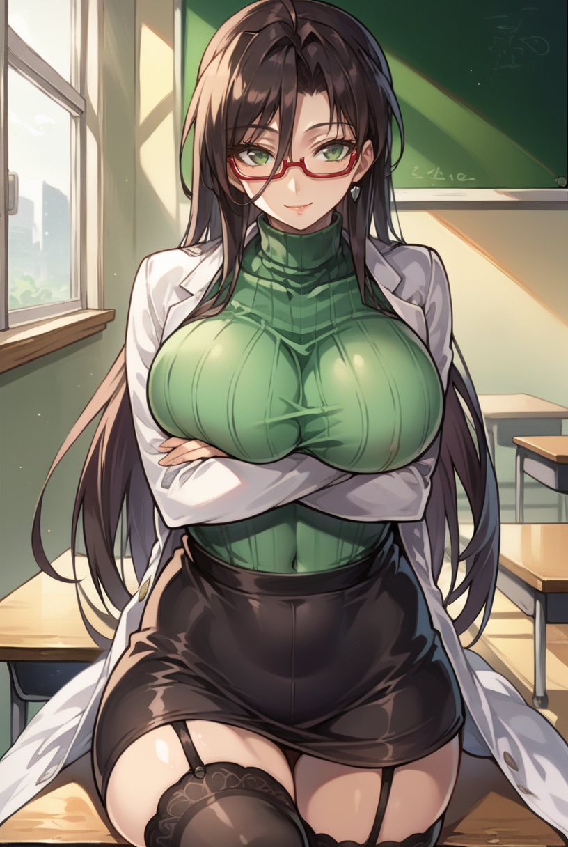 score_9, score_8_up, score_7_up, source_anime BREAK 1girl, solo, cowboy shot, detailed background, <lora:Hasegawa_Chisato_sdxl_lora-10:1>, chisato sdxl, black hair,  long hair, green eyes, glasses, red-framed eyewear,  ribbed sweater, green sweater, thighhighs, turtleneck, lab coat, covered navel, garter straps, miniskirt, black skirt, large breasts, seductive smile, classroom, sunlight, indoors, mature female, on table, sitting, crossed legs, crossed arms,