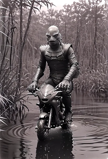 film noir style (Gill_man:1.15) riding a pocketbike ps50,(charming light:1.15),in a swamp,Retro Look,, . monochrome, high contrast, dramatic shadows, 1940s style, mysterious, cinematic