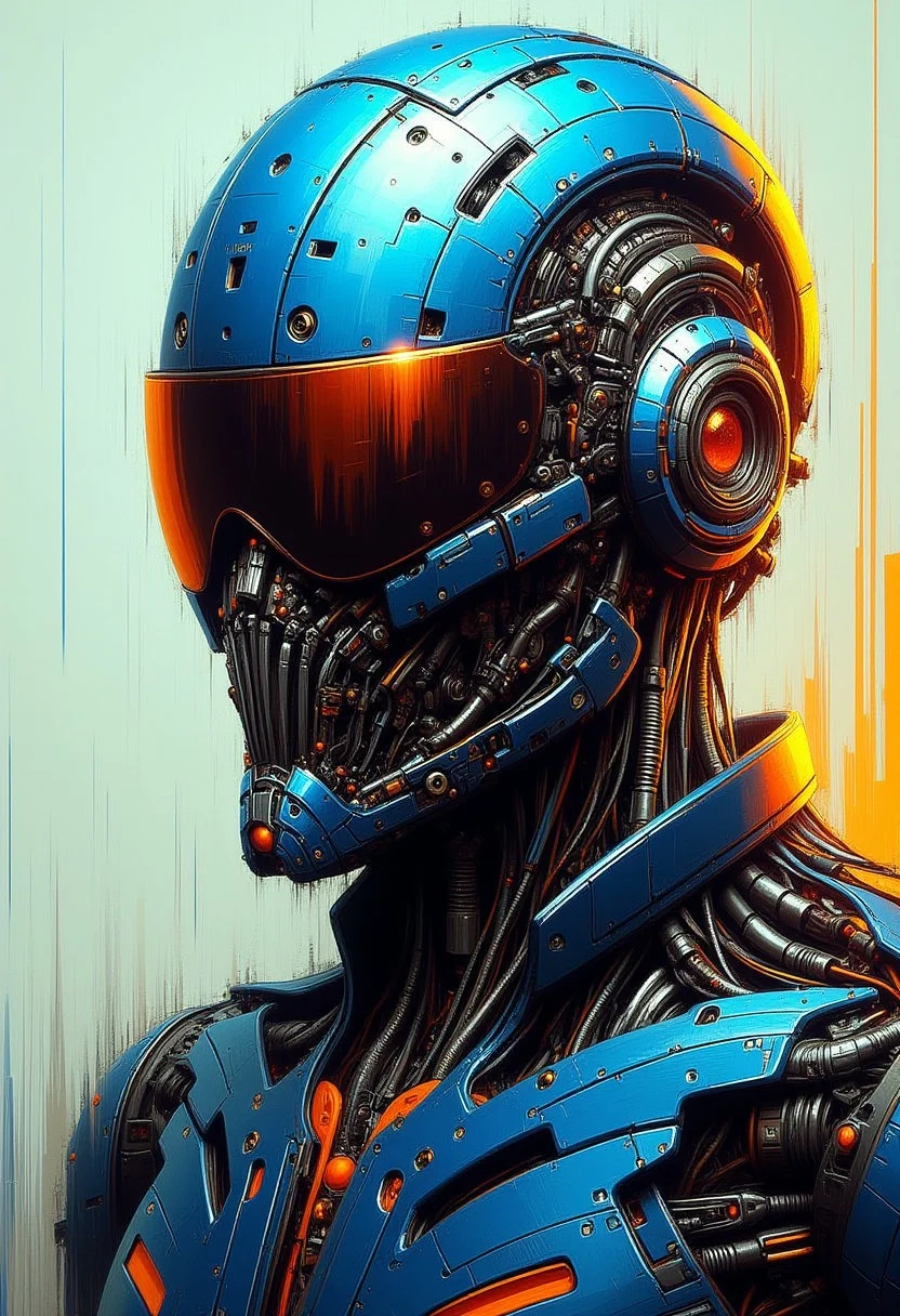 masterpiece, ((inkpunk cell-shaded style)), realistic painting, portrait of a futuristic battle robot, detailed helmet, reflective visor, electric power lights, intricate circuitry, cables, mad-cybrpnkimprss