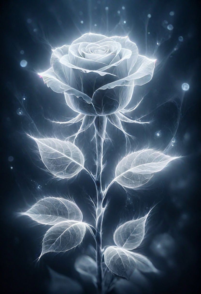 ais-ghostly single rose in the style of an X-ray, on a dark bokeh background