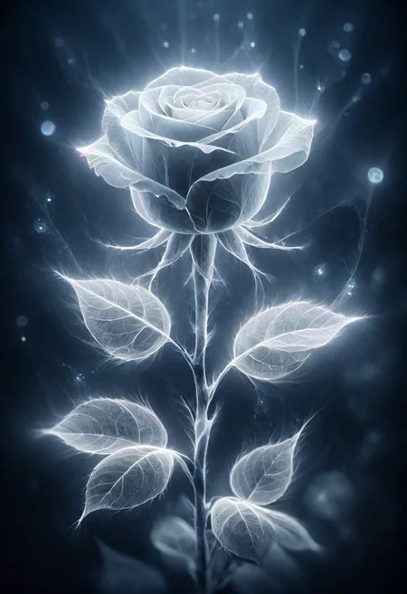 ais-ghostly single rose in the style of an X-ray, on a dark bokeh background