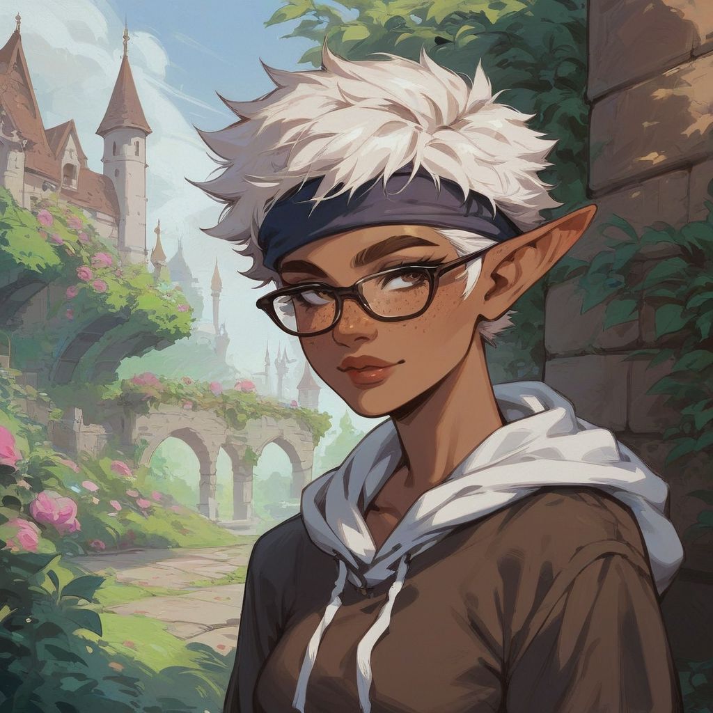 score_9, score_8_up, score_7_up, elf, pointed ears, casual clothing, hoodie, solo, dark skin, white hair, medium breasts, brown eyebrows, freckles, big lips, glasses, headband, makeup, castle garden, flirty face and body language, tomboy