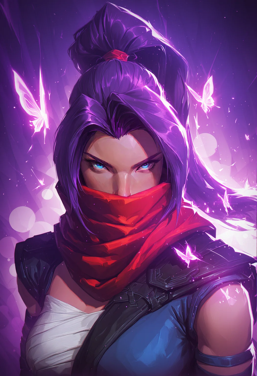 (EyesHD:1.2), (4k,8k,Ultra HD), ultra detailed, masterpiece, best quality, amazing quality, highres, absurdres, very aesthetic, very awa, western, cartoon, shiny skin, skindentation, nosima, laurelin, nilual, chromatic aberration,, 1girl, solo, psylocke_mvr, blue eyes, purple hair, high ponytail, parted bangs, long hair, red scarf, scarf over mouth,
BREAK,
looking at viewer, face focus, close up,, bokeh, luminescent background, glowing butterfly,, raytracing, hyper detailed, volumetric lighting, lazypos, intricate details, <lora:Psylockev1_Illu_Dwnsty:0.8000000000000002> <lora:laurelin-guy90-Illust-LoraV1:0.45000000000000007> <lora:AmiThompson-adafactor-guy90:0.30000000000000004> <lora:Dramatic_Lighting_Slider:0.45000000000000007> <lora:spo_sdxl_10ep_4k-data_lora_webui:1.2000000000000002>