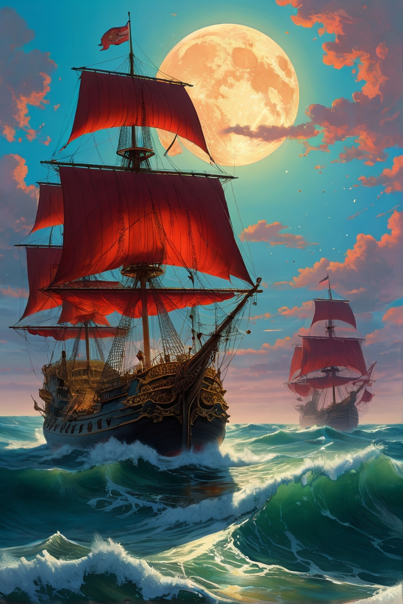landscape,"middle of the ocean, large waves, battle between two 1800s ships, side by side, no land, dark skies, close up shot, at dusk, 4k, rule of thirds, extreme detail, hazy, water splash, intricate ink illustration, surreal, straight horizon, surrealist, trending on artstation, cgsociety, hd, complimentary colours, realistic lighting, by Albert Bierstadt, Frederic Edwin Church.", zPDXL2, Art painting by Satoshi Kon and Yayoi Kusama and Tran Nguyen, featured on Kilian Eng,, 
<lora:extremely_detailed:1> extremely detailed,
<lora:add-detail-xl:1.2>,
 <lora:tbh76-sdxl:0.15> Style of Mark Ryden,
 <lora:tbh117-sdxl:0.15> style of Sandro Botticelli, 
<lora:Wild_Anime_2025:0.7>,, Magic realism painting art style, surreal compositions, vibrant colors, blurs the line between reality and fantasy, Baroque art style, dynamic composition, dramatic lighting, rich colors, intricate details, professional-grade execution, captures the grandeur and theatricality of the Baroque period, oil painting art style from Renaissance period, masterful composition, Renaissance mood, renaissance oil painting, brush strokes
