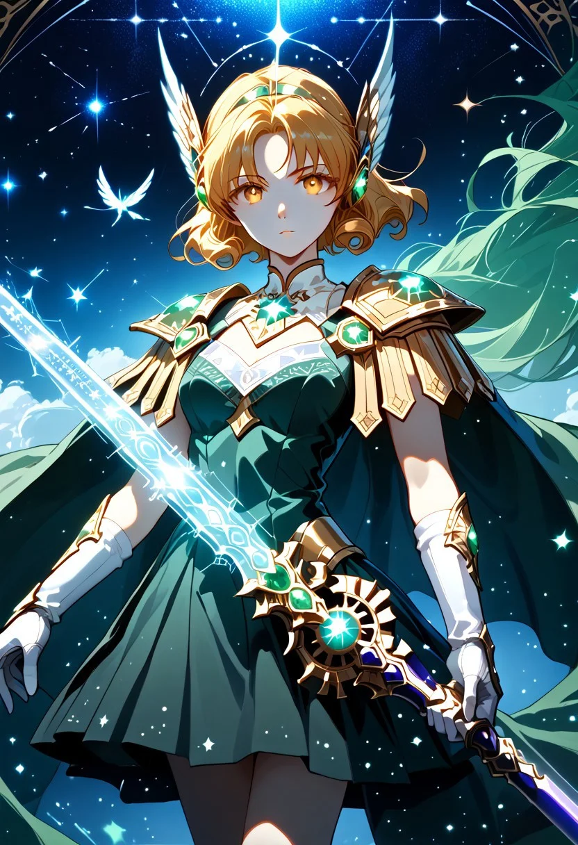 dynamic angle, ((dynamic pose)), sexy style, sexy pose, Expressiveh, score_9, score_8_up, score_7_up, score_6_up, source_anime, <lora:Starry_Morph_PonyXL:0.8>, [AEFuuFinal, armored dress, green cape, elbow gloves, gem, green dress, green gemstone, hair ornament, head wings, pauldrons, sleeveless, white footwear, white gloves, wing hair ornament,, 1 celestial warrior, long golden hair, glowing amber eyes, radiant golden armor], (wings of pure light spreading behind her), (holding an energy-infused sword with a star-shaped core), standing on a floating island bathed in divine light, anime style, ultra-detailed, high-energy magical stance, intricate celestial engravings on armor, cosmic energy radiating from her hands, cinematic lighting, ethereal glow