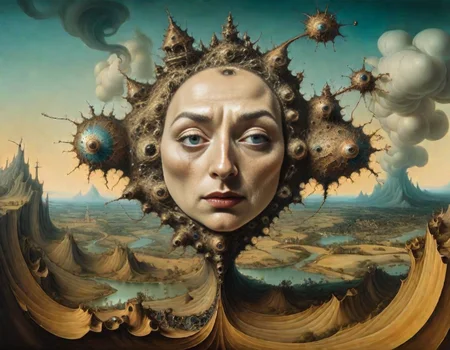 surrealistic, person in a Frac_XL landscape, in the style of Salvadori Dali and Hieronymus Bosch<lora:Frac_XL:1>
