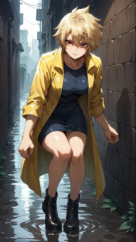 score_9,score_8_up,score_7_up,score_6_up, <lora:xl_more_art-full_v1:0.5>, source_anime, woman, dynamic pose, knees apart feet together, <lora:Mitsuki Bakugo - Pony:0.8>, short hair, blonde hair, spiked hair, red eyes, yellow raincoat, raining, puddle, alley, dim lighting, wet hair,